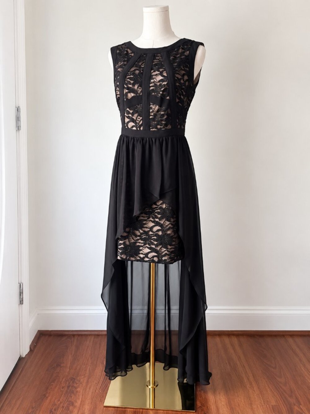 Morgan & Co Black Lace Dress Junior Size 9 Floral Bodice High Low Dark Feminine